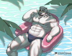 Rule 34 | 1boy, abs, absurdres, alternate costume, animal ears, arknights, bara, blue male swimwear, bulge, facial hair, from above, furry, furry male, goatee, highres, large pectorals, leng xiaoyu, looking at viewer, male focus, male swimwear, mature male, mountain (arknights), muscular, muscular male, navel, nipples, on innertube, palm tree, pectorals, scar, scar across eye, short hair, solo, stomach, strongman waist, swim briefs, thick eyebrows, thick thighs, thighs, tiger boy, tiger ears, topless male, tree, tree shade, water, white fur, white hair