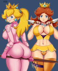 Rule 34 | 2girls, ass, axe, blonde hair, blue eyes, breasts, brown hair, cleavage, crown, earrings, flower earrings, gloves, grin, gummslime, highres, jewelry, looking at viewer, mario (series), multiple girls, navel, nintendo, ponytail, princess daisy, princess peach, shiny skin, smile, staff (weapon), standing, the super mario bros. movie, thigh gap, thighs, tomboy