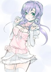 Rule 34 | 10s, 1girl, arm warmers, blush, braid, breasts, cleavage, cleavage cutout, clenched hands, clothing cutout, cowboy shot, crown braid, frapowa, green eyes, hair between eyes, long hair, looking at viewer, love live!, love live! school idol project, pom pom (clothes), purple hair, scrunchie, sketch, skirt, snow halation, solo, thighhighs, tojo nozomi, white thighhighs