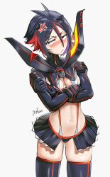 Rule 34 | 1girl, anger vein, annoyed, black hair, bleach, blush, breasts, cosplay, crossed arms, embarrassed, frown, gloves, hair between eyes, highres, kill la kill, kuchiki rukia, looking at viewer, midriff, multicolored hair, navel, purple eyes, purple hair, red hair, senketsu, senketsu (cosplay), short hair, signature, skindentation, skirt, small breasts, solo, standing, suspenders, sweatdrop, thighhighs, thighs, waligner, white background