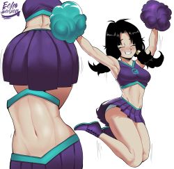 Rule 34 | 1girl, absurdres, armpits, ass, bare shoulders, black hair, blush, breasts, cheerleader, dragon ball, dragonball z, echo saber, highres, jumping, legs, midriff, multiple views, navel, panties, pom pom (cheerleading), shoes, skirt, smile, sneakers, stomach, thighs, twintails, underwear, videl, white background, white panties