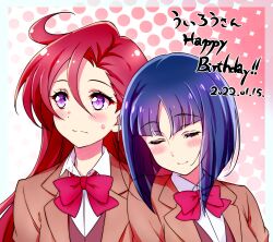 Rule 34 | 2022, 2girls, absurdres, blue hair, blush, bow, bowtie, brown jacket, brown vest, closed eyes, closed mouth, dated, dress shirt, hair between eyes, happy birthday, highres, jacket, kyoutsuugengo, long hair, multiple girls, pink shirt, portrait, precure, purple eyes, red bow, red bowtie, red hair, school uniform, shiratori yuriko, shirt, smile, straight hair, sweatdrop, takizawa asuka, tropical-rouge! precure, upper body, vest, white shirt