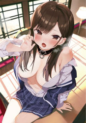 Rule 34 | 1girl, bdsm, blurry, blush, breasts, breath, brown eyes, brown hair, collar, copyright request, depth of field, desk, fellatio gesture, gaou (umaiyo puyoman), hair over breasts, heavy breathing, highres, indoors, large breasts, long hair, navel, no bra, novel illustration, off shoulder, official art, on desk, open clothes, open mouth, open shirt, plaid, plaid skirt, pleated skirt, shirt tucked in, sitting, skirt, slave, solo, textless version