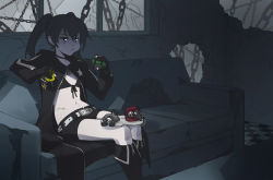Rule 34 | 1girl, :t, belt, black gold saw, black hair, black rock shooter, black rock shooter (character), blue eyes, boots, chain, chariot (black rock shooter), checkered floor, couch, dead master, eating, hood, hoodie, jacket, knee boots, long hair, midriff, mini person, minigirl, navel, open clothes, open jacket, orz (artist), pale skin, scar, short shorts, shorts, sitting, solo, strength (black rock shooter), twintails