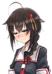 Rule 34 | 1girl, ahoge, bad id, bad twitter id, black hair, black serafuku, blue eyes, braid, commentary request, cowboy shot, hair flaps, hair over shoulder, highres, kantai collection, looking down, neckerchief, one-hour drawing challenge, red neckerchief, school uniform, serafuku, shigure (kancolle), shigure kai ni (kancolle), simple background, single braid, smile, solo, upper body, zombie mogura
