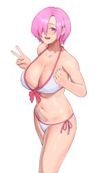 Rule 34 | 1girl, absurdres, bikini, breasts, cleavage, cowboy shot, fate/grand order, fate (series), glasses, hair over one eye, hands up, highres, large breasts, mash kyrielight, navel, open mouth, pink hair, pokoporoko, purple eyes, short hair, simple background, smile, solo, stomach, swimsuit, v, white background, white bikini