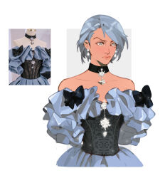 Rule 34 | 1girl, ace attorney, alternate costume, bare shoulders, black choker, blue dress, blue eyes, blue hair, choker, closed mouth, collarbone, commentary, dbandbanart, dress, earrings, english commentary, franziska von karma, highres, jewelry, mole, mole under eye, photo inset, reference inset, short hair, simple background, solo, upper body, white background
