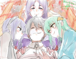 Rule 34 | 1boy, 3girls, :o, artist name, black hair, blue kimono, blush, brown eyes, closed eyes, closed mouth, fate/grand order, fate/prototype, fate/prototype: fragments of blue and silver, fate (series), fujimaru ritsuka (male), green hair, half-closed eyes, hassan of serenity (fate), horns, isshiki (ffmania7), japanese clothes, kimono, kiyohime (fate), long hair, minamoto no raikou (fate), multiple girls, nervous smile, parted lips, purple eyes, purple hair, short hair, sidelocks, signature, sketch, smile, twitter username