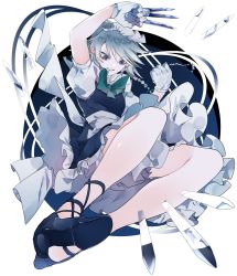 Rule 34 | 1girl, apron, arm up, between fingers, black footwear, blue dress, blue eyes, bow, bowtie, braid, clenched teeth, commentary, cross-laced footwear, dress, gloves, green bow, green bowtie, hair bow, hand up, high heels, highres, holding, holding knife, holding weapon, ikurauni, izayoi sakuya, knife, knives between fingers, looking at viewer, maid, maid apron, maid headdress, petticoat, puffy short sleeves, puffy sleeves, shirt, short dress, short hair, short sleeves, silver hair, solo, teeth, touhou, twin braids, waist apron, weapon, white apron, white background, white gloves, white shirt