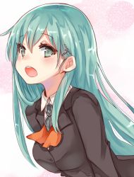 Rule 34 | 10s, 1girl, aqua eyes, aqua hair, blazer, blush, breasts, chiune (yachi), commentary request, hair ornament, hairclip, jacket, kantai collection, long hair, looking at viewer, open mouth, school uniform, simple background, solo, suzuya (kancolle)
