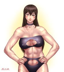 Rule 34 | 1girl, abs, bandeau, bare shoulders, black hair, blush, breasts, brown eyes, choker, cleavage cutout, clothing cutout, collarbone, comic, dated, covered erect nipples, female focus, hands on own hips, large breasts, long hair, m.u.g.e.n, muscle, muscular, muscular female, navel, original, revealing clothes, scar, sendai hakurei no miko, solo, strapless, swimsuit, taikyokuturugi, touhou, tube top
