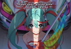 Rule 34 | 1girl, aqua hair, bare shoulders, car, choker, flag, from above, gloves, goodsmile racing, hatsune miku, long hair, looking at viewer, orange gloves, race queen, race vehicle, racecar, racing miku, racing miku (2016), smile, solo, twintails, upper body, vocaloid, yoneyama mai