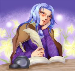 Rule 34 | 1990s (style), 1girl, blue eyes, blue hair, blush, cape, dress, female focus, final fantasy, final fantasy iv, final fantasy iv: the after years, flower, glasses, gradient background, harley (ff4), long hair, lowres, matching hair/eyes, quill, retro artstyle, shohji, solo