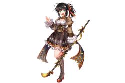 Rule 34 | 1girl, :d, black hair, boots, breasts, brown dress, brown footwear, cleavage, cross-laced footwear, dress, eskula, frilled sleeves, frills, full body, girls symphony, hair ribbon, hand up, holding, holding polearm, holding weapon, jpeg artifacts, knee boots, long sleeves, medium breasts, medium hair, official art, open mouth, orange ribbon, polearm, ponytail, ribbon, smile, solo, standing, standing on one leg, transparent background, weapon