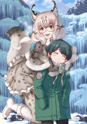 Rule 34 | 2girls, :d, animal ear fluff, animal print, arms around neck, behind another, black hair, bodystocking, boots, capelet, captain (kemono friends), closed eyes, coat, day, eurasian lynx (kemono friends), frills, fur trim, glasses, gloves, green eyes, grey hair, hands in pockets, highres, hug, hug from behind, ice, kemono friends, kosai takayuki, long hair, long sleeves, looking at viewer, lynx ears, lynx girl, lynx tail, multicolored hair, multiple girls, open mouth, outdoors, pocket, semi-rimless eyewear, short hair, side ponytail, skirt, smile, snow, under-rim eyewear