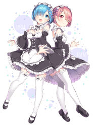 Rule 34 | 10s, 2girls, absurdres, blue eyes, blue hair, blush, breasts, character name, chitetan, cleavage, detached sleeves, eyebrows, hair ornament, hair over one eye, has bad revision, has downscaled revision, highres, maid, maid headdress, mary janes, md5 mismatch, medium breasts, multiple girls, open mouth, pink eyes, pink hair, pink ribbon, purple ribbon, ram (re:zero), re:zero kara hajimeru isekai seikatsu, rem (re:zero), resolution mismatch, ribbon, shoes, short hair, siblings, sisters, small breasts, source smaller, thighhighs, twins, white legwear, x hair ornament