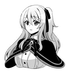 Rule 34 | 1girl, assault lily, breasts, buttons, capelet, collared shirt, cropped arms, cropped torso, greyscale, hair between eyes, hair ribbon, heterochromia, kuo shenlin, long hair, looking away, medium breasts, monochrome, neck ribbon, one side up, parted lips, ribbon, school uniform, shirt, sidelocks, smile, solo, sorato (astllatte), upper body, yurigaoka girls academy school uniform