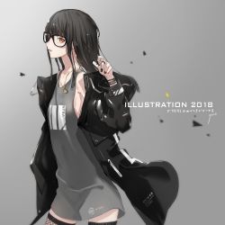 Rule 34 | 1girl, black hair, black nails, glasses, grey background, highres, jacket, jewelry, long hair, looking at viewer, nail polish, necklace, neco, off shoulder, original, ring, solo, yellow eyes