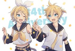 Rule 34 | 1boy, 1girl, :d, ;d, absurdres, belt, belt buckle, black sailor collar, black sleeves, blonde hair, blue eyes, bow, brother and sister, buckle, collarbone, collared shirt, detached sleeves, hair between eyes, hair bow, hairband, headphones, headset, highres, kagamine len, kagamine rin, long sleeves, microphone, midriff, nail polish, navel, necktie, one eye closed, open mouth, parted bangs, rei (uupaa3), sailor collar, sailor shirt, shirt, short hair, siblings, sleeveless, sleeveless shirt, smile, standing, stomach, vocaloid, white bow, white hairband, white shirt, yellow belt, yellow nails, yellow necktie
