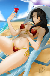 Rule 34 | 1girl, alcohol, beach, beach chair, beach umbrella, bikini, breasts, brown eyes, brown hair, cinder fall, cleavage, cup, day, drinking glass, front-tie top, groin, hand on own stomach, highres, hip focus, kimmy77, long hair, looking at viewer, medium breasts, navel, ocean, rwby, sand, side-tie bikini bottom, signature, skindentation, solo, swimsuit, thighs, umbrella, wine, wine glass