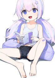 Rule 34 | 1girl, bandaid, bandaid on knee, bandaid on leg, bare legs, barefoot, black shorts, blue archive, blue hair, book, commentary request, covered erect nipples, flat chest, full body, hair bobbles, hair ornament, highres, holding, holding book, long hair, open mouth, panties, panty peek, petite, pillow, purple eyes, purple hair, purple panties, reisa (blue archive), short shorts, shorts, signalviolet, sitting, solo, spread legs, star (symbol), star hair ornament, tank top, toenails, toes, twintails, underwear, white tank top