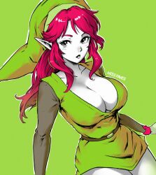 Rule 34 | 1girl, breasts, brown sleeves, collarbone, commentary, english commentary, genderswap, genderswap (mtf), green background, green headwear, green tunic, highres, large breasts, link (shounen captain), lips, long hair, looking at viewer, miss faves, nintendo, pointy ears, red hair, solo, the legend of zelda, the legend of zelda (nes)