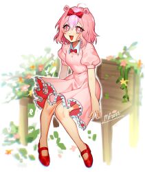 Rule 34 | 1girl, :d, animal ears, bench, dated, dress, frills, full body, giggles (happy tree friends), happy tree friends, highres, humanization, looking at viewer, mary felizola, open mouth, park bench, pink dress, pink eyes, pink hair, red footwear, short sleeves, signature, sitting, smile, solo, white background