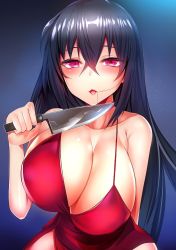 Rule 34 | 1girl, ahoge, arm behind back, armpit crease, azur lane, bare shoulders, black hair, blush, breasts, cleavage, collarbone, crossed bangs, dress, hair between eyes, hair in own mouth, hair ornament, half-closed eyes, holding, holding knife, huge breasts, kitchen knife, knife, long hair, looking at viewer, open mouth, red dress, red eyes, sidelocks, silly (marinkomoe), solo, taihou (azur lane), taihou (forbidden feast) (azur lane), thighs, very long hair, yandere