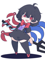 Rule 34 | 1girl, asymmetrical wings, black dress, black hair, black thighhighs, blue wings, blush stickers, chahan (fried rice0614), dress, fang, full body, highres, houjuu nue, one-hour drawing challenge, open mouth, polearm, red eyes, red footwear, red wings, shoes, short hair, short sleeves, simple background, smile, solo, thighhighs, touhou, trident, weapon, white background, wings