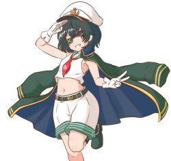 Rule 34 | 1girl, anchor symbol, arm up, belt, black coat, black hair, coat, commentary request, eyepatch, gloves, green eyes, green sailor collar, hat, looking at viewer, mizusoba, murasa minamitsu, navel, neckerchief, red neckerchief, sailor collar, sailor hat, short hair, shorts, simple background, solo, tank top, touhou, v, white background, white gloves, white hat, white shorts, white tank top