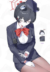 Rule 34 | 1girl, absurdres, animal ear fluff, animal ears, animalization, artist name, black hair, black hat, black jacket, black pantyhose, black skirt, blue archive, bow, bowtie, closed eyes, collared shirt, crossed bangs, flower, garrison cap, gloves, gohanduck, hair flower, hair ornament, halo, hat, highres, holding own arm, jacket, lapels, name tag, notched lapels, official alternate costume, pantyhose, pencil skirt, raccoon ears, red bow, red bowtie, shirt, short hair, skirt, tsubaki (blue archive), tsubaki (guide) (blue archive), walkie-talkie, white gloves, white shirt