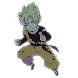 Rule 34 | 1boy, black shirt, blonde hair, blue eyes, child, clenched hand, dougi, dragon ball, dragonball z, fighting stance, frown, long sleeves, looking at viewer, lowres, male focus, rochiko (bgl6751010), serious, shirt, short hair, simple background, solo, son goten, spiked hair, super saiyan, super saiyan 1, white background