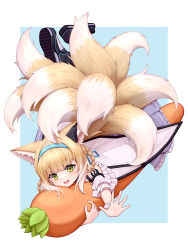 Rule 34 | 1girl, :d, animal ears, arknights, bare shoulders, black footwear, blonde hair, blue background, blue skirt, braid, braided hair rings, fox ears, fox girl, fox tail, frilled skirt, frills, green eyes, hair rings, highres, hugging object, kitsune, looking at viewer, lxjun 09, multicolored hair, open mouth, pantyhose, pleated skirt, shirt, shoe soles, shoes, skirt, smile, solo, stuffed carrot, suzuran (arknights), tail, twin braids, two-tone background, two-tone hair, white background, white hair, white pantyhose, white shirt