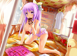 Rule 34 | 1girl, :o, all fours, backlighting, barefoot, blush, breasts, cellphone, dutch angle, heart, highres, kyaro (kyaro54), large breasts, long hair, looking at viewer, nipples, original, phone, pillow, ponytail, purple eyes, purple hair, solo, topless