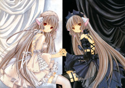 Rule 34 | 00s, 2girls, absurdres, angel wings, back, bare shoulders, bat wings, black thighhighs, black vs white, blonde hair, brown eyes, brown hair, chii, chobits, clamp, curtains, elda, freya, freya (chobits), frills, gothic lolita, highres, holding hands, lolita fashion, long hair, looking at viewer, mirror opposites, multiple girls, official art, polar opposites, scan, siblings, sisters, sitting, symmetry, tattoo, thighhighs, twins, very long hair, white thighhighs, wide sleeves, wings