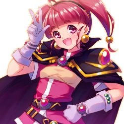 Rule 34 | 1girl, :d, ahoge, armor, belt, black cape, black hairband, blush, cape, commentary request, cosplay, earrings, elbow gloves, gloves, hairband, hand on own hip, highres, hoshina hikaru, jewelry, lina inverse, lina inverse (cosplay), looking at viewer, open mouth, pauldrons, pink eyes, pink hair, precure, sayousuke, short hair, shoulder armor, simple background, slayers, smile, solo, star twinkle precure, twintails, v, white background, white gloves