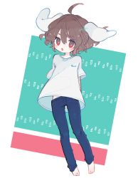 Rule 34 | 1girl, :o, ahoge, alternate costume, animal ears, barefoot, blush, brown hair, carrot, character name, clothes writing, commentary, contemporary, denim, floppy ears, full body, highres, inaba tewi, jeans, looking at viewer, m (m073111), medium hair, open mouth, pants, rabbit ears, red eyes, shirt, short sleeves, signature, solo, t-shirt, touhou, white shirt