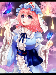 Rule 34 | 1girl, arm garter, arms up, blue hat, blue kimono, blue neckwear, blush, breasts, bug, butterfly, butterfly on hand, cherry blossoms, cloud, commentary request, cowboy shot, furisode, gradient sky, hair between eyes, hat, hitodama, index finger raised, insect, japanese clothes, kimono, large breasts, letterboxed, light blush, looking up, mob cap, nagare, obi, open mouth, outdoors, pink eyes, pink hair, purple sky, saigyouji yuyuko, sash, short hair, sky, solo, sparkle, standing, touhou, triangular headpiece