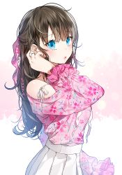 Rule 34 | 1girl, artist name, bare shoulders, blouse, blue eyes, bow, brown hair, detached sleeves, eyelashes, floral print, frilled shirt, frilled sleeves, frills, from side, hair bow, hair flip, half updo, lips, long hair, looking at viewer, messy hair, original, pink ribbon, pink shirt, pleated skirt, print shirt, ribbon, shirt, shirt tucked in, simple background, skirt, solo, sukja, wavy hair, white background, white skirt