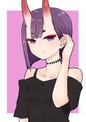 Rule 34 | 1girl, bare shoulders, black shirt, closed mouth, collarbone, fate/grand order, fate (series), hand up, highres, horns, i.u.y, looking at viewer, off-shoulder shirt, off shoulder, oni, pink background, purple eyes, purple hair, shirt, short eyebrows, short hair, short sleeves, shuten douji (fate), skin-covered horns, smile, solo, thick eyebrows, two-tone background, white background
