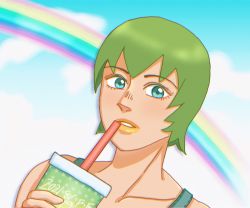 Rule 34 | 1girl, blue eyes, blue sky, cloud, cloudy sky, cup, dated, foo fighters (jojo), green hair, holding, holding cup, jojo no kimyou na bouken, looking at viewer, orange lips, parted lips, rainbow, shadow, short hair, sky, solo, stone ocean, tuna 719
