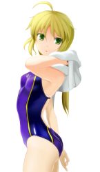 Rule 34 | 1girl, ahoge, artoria pendragon (all), artoria pendragon (fate), ass, back cutout, blonde hair, breasts, clothing cutout, competition swimsuit, cowboy shot, fate/stay night, fate (series), from side, green eyes, long hair, looking to the side, official alternate costume, one-piece swimsuit, parted lips, ponytail, saber (fate), saber (summer battle clothes) (fate), simple background, small breasts, solo, swimsuit, taka (takahirokun), towel, twisted torso