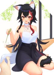 Rule 34 | 1girl, animal ears, asymmetrical hair, bare legs, barefoot, black hair, black skirt, blush, braid, breasts, cat, cattail, commentary, commission, crossed bangs, fang, full body, hair between eyes, hair ornament, hairclip, highres, holding, holding toy, hololive, inre kemomimi, jewelry, long hair, medium breasts, mesh, miniskirt, motion blur, motion lines, multicolored hair, necklace, official alternate costume, ookami mio, ookami mio (street), open mouth, orange eyes, plant, red hair, shirt, shirt tucked in, side braid, sidelocks, simple background, single braid, sitting, skeb commission, skirt, sleeveless, sleeveless shirt, smile, solo, streaked hair, taiga (ookami mio), tail, toy, very long hair, virtual youtuber, white background, white hair, white shirt, wolf ears, wolf girl, wolf tail, wooden floor, x hair ornament, yokozuwari