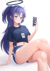 Rule 34 | 1girl, 3:, absurdres, arm at side, ass, between legs, blue archive, blue buruma, blue eyes, blue shirt, blush, breasts, bright pupils, buruma, cellphone, closed mouth, commentary request, crossed legs, curvy, eyelashes, fingernails, frown, furrowed brow, gym uniform, half updo, halo, hand up, highres, holding, holding phone, id card, lips, long hair, looking at viewer, mechanical halo, medium breasts, meyrink, navel, official alternate costume, official alternate hairstyle, parted bangs, phone, revision, shirt, short ponytail, short sleeves, sidelocks, signature, simple background, sitting, smartphone, solo, sweat, thighs, tsurime, twitter username, very long hair, white background, yuuka (blue archive), yuuka (track) (blue archive)