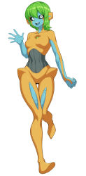 Rule 34 | 1girl, absurdres, black sclera, blue skin, breasts, colored sclera, colored skin, creatures (company), deoxys, full body, game freak, gen 3 pokemon, green hair, highres, medium breasts, multicolored skin, mythical pokemon, nintendo, open mouth, orange skin, personification, pokemon, short hair, smile, solo, spacezin, two-tone skin, white eyes