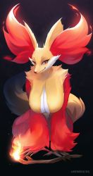 Rule 34 | 1girl, absurdres, animal ear fluff, animal ears, animal nose, arm support, artist name, black background, body fur, breasts, claws, cleavage, closed mouth, creatures (company), delphox, female focus, fire, fox ears, fox girl, fox tail, furry, furry female, game freak, gen 6 pokemon, half-closed eyes, hanging breasts, happy, highres, holding, holding stick, huge breasts, leaning forward, looking at viewer, momikacha, multicolored fur, nintendo, pokemon, pokemon (creature), red eyes, red fur, simple background, sitting, smile, snout, solo, stick, tail, twitter username, v arms, watermark, white fur, yellow fur