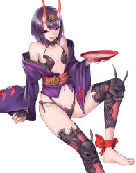 Rule 34 | 1girl, :d, alcohol, ankle ribbon, arm support, bad id, bad pixiv id, bare shoulders, barefoot, breasts, cup, fate/grand order, fate (series), feet, headpiece, highres, horns, japanese clothes, kimono, koretsuki azuma, leg ribbon, long sleeves, looking at viewer, navel, open clothes, open kimono, open mouth, purple eyes, purple hair, revealing clothes, ribbon, sakazuki, sake, short eyebrows, shuten douji (fate), simple background, sitting, skin-covered horns, small breasts, smile, solo, stomach, white background, wide sleeves