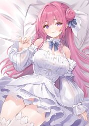 Rule 34 | 1girl, absurdres, blush, braid, breasts, cleavage, closed mouth, detached sleeves, dorothy (nikke), dress, frilled dress, frills, goddess of victory: nikke, hair bun, hair intakes, hair ornament, hair ribbon, highres, large breasts, long hair, lying, on back, on bed, panties, pantyshot, pink hair, purple eyes, ribbon, smile, snow-yuuki, solo, thighhighs, underwear, white dress, white panties, white thighhighs