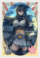 Rule 34 | 1girl, adapted turret, anchor, bandeau, bird, black coat, black gloves, black hair, black jacket, breasts, cannon, cherry blossoms, cleavage, cloud, cloudy sky, coat, dawn, elbow gloves, fingerless gloves, framed, garter straps, gloves, headgear, highres, jacket, kantai collection, kasumi (skchkko), large breasts, long hair, looking at viewer, machinery, miniskirt, nagato (kancolle), nagato kai ni (kancolle), pleated skirt, red eyes, rigging, seagull, skirt, sky, smile, smokestack, solo, thighhighs, turret, white skirt