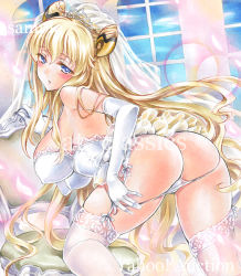 Rule 34 | 1girl, ass, at classics, bare shoulders, blonde hair, blue eyes, blush, breasts, chair, code geass, code geass: boukoku no akito, cone hair bun, dress, elbow gloves, garter straps, gloves, hair bun, lace, lace-trimmed legwear, lace trim, large breasts, leila malcal, long hair, looking at viewer, panties, panty pull, sample watermark, sideboob, solo, thighhighs, underwear, undressing, very long hair, watermark, wedding dress, white thighhighs, window